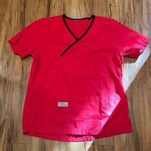 URBANE red scrub top. With black v-neck lining. Size small.